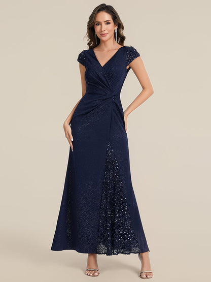 Knit Knotted Cap Sleeve Maxi Glitter Evening Dress