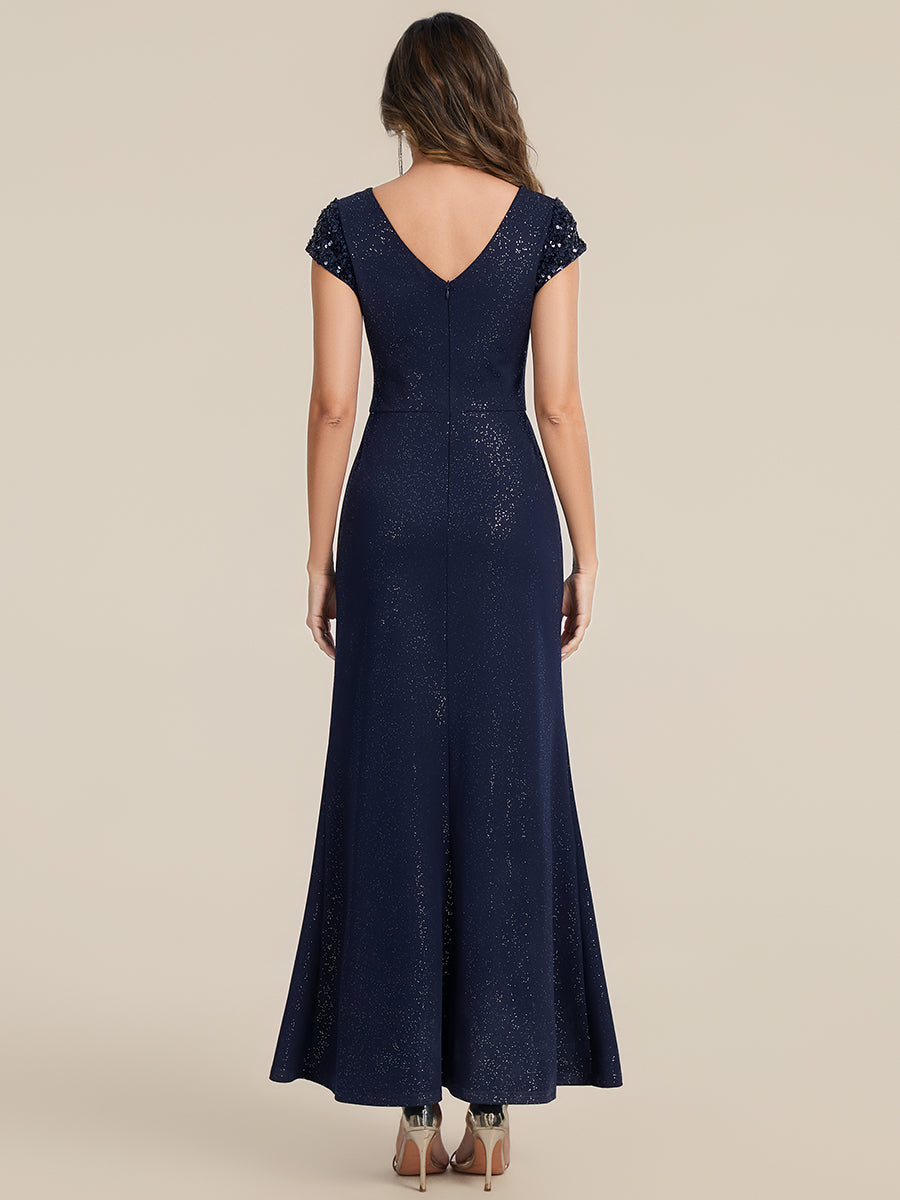 Knit Knotted Cap Sleeve Maxi Glitter Evening Dress