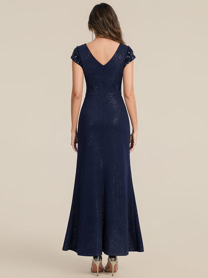 Knit Knotted Cap Sleeve Maxi Glitter Evening Dress