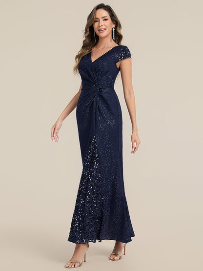 Knit Knotted Cap Sleeve Maxi Glitter Evening Dress