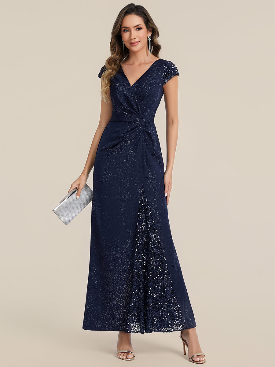 Knit Knotted Cap Sleeve Maxi Glitter Evening Dress