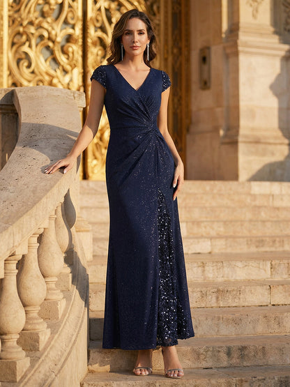 Knit Knotted Cap Sleeve Maxi Glitter Evening Dress