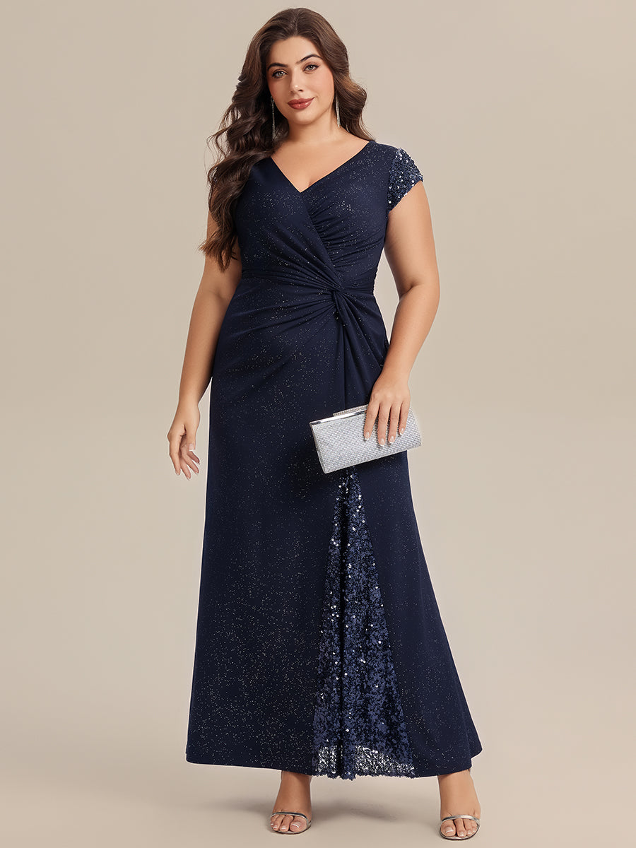 Knit Knotted Cap Sleeve Maxi Glitter Evening Dress