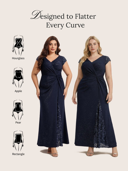 Knit Knotted Cap Sleeve Maxi Glitter Evening Dress