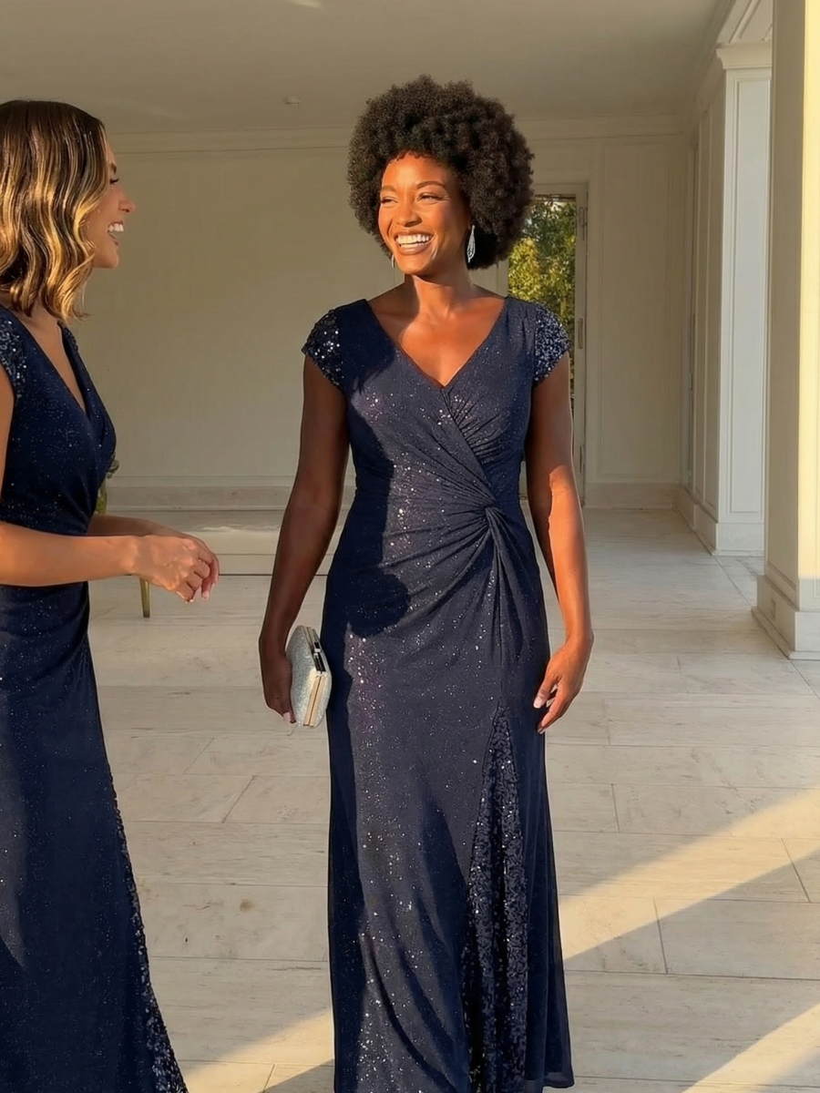 Knit Knotted Cap Sleeve Maxi Glitter Evening Dress — Navy Blue