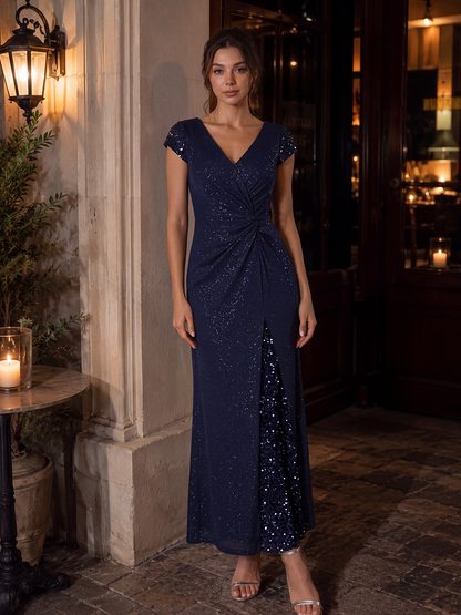 Knit Knotted Cap Sleeve Maxi Glitter Evening Dress
