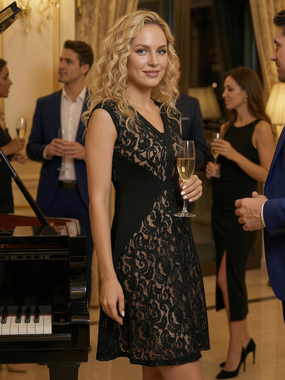 Lace See-through Sleeveless High Stretch Wedding Guest Dress
