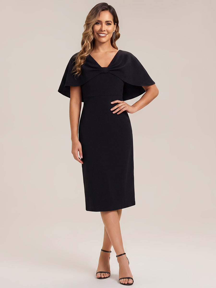 Knit Shawl Sleeve Sheath Wedding Guest Dress — Black