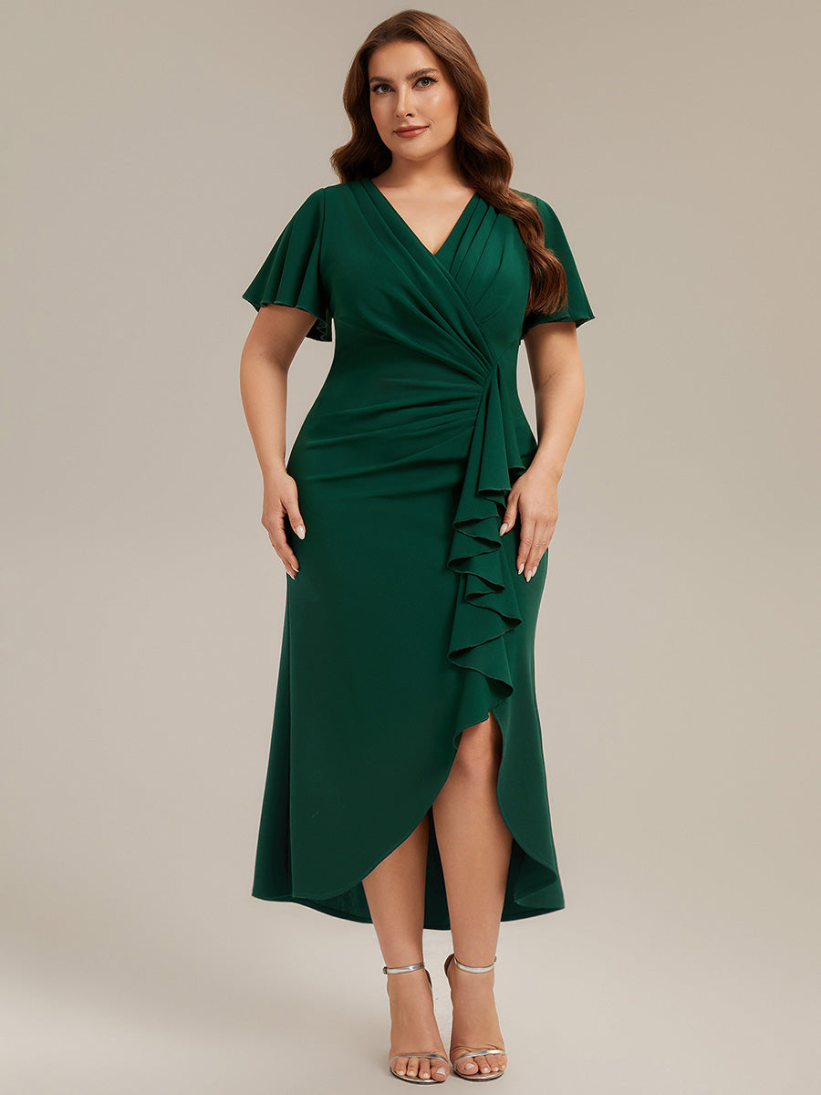 Plus Size Knit Thigh-High Slit Wedding Guest Dress — Dark Green