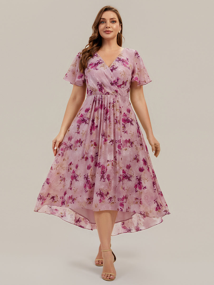 Plus Size Chiffon Printed Wedding Guest Dress — Light Purple Print