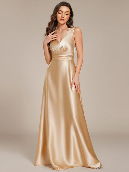 Satin Maxi Wedding Guest Dress with Pockets — Champagne