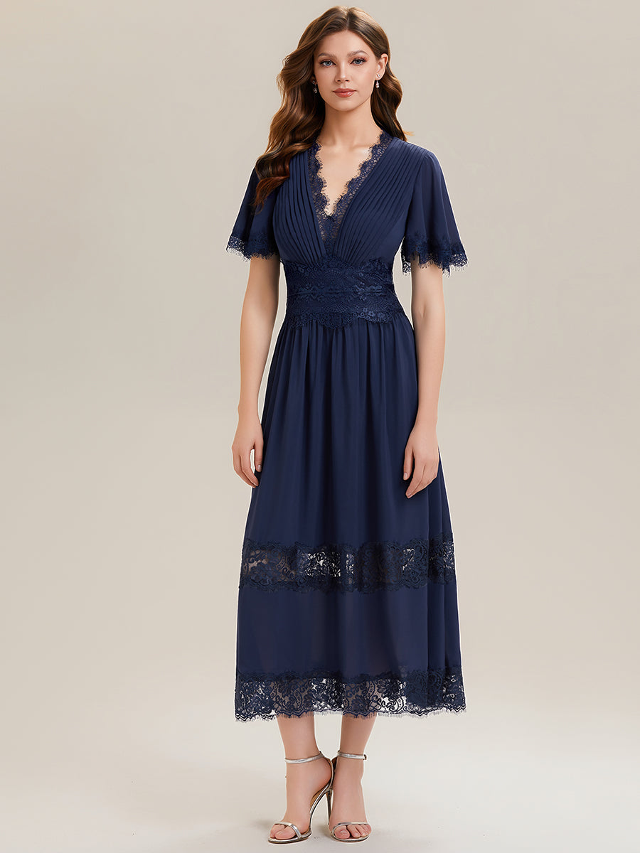 Chiffon Cut-Out Detail Ruffle Sleeve Wedding Guest Dress — Navy Blue
