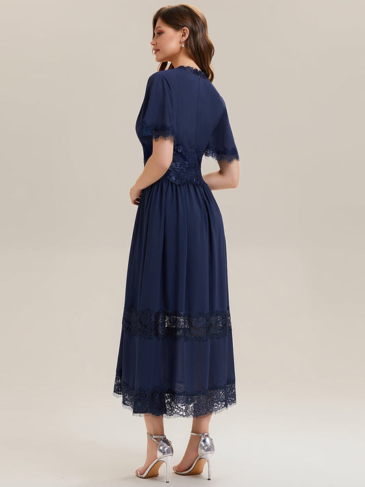 Chiffon Cut-Out Detail Ruffle Sleeve Wedding Guest Dress