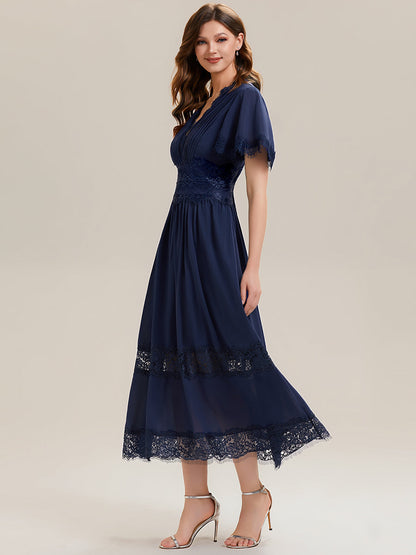 Chiffon Cut-Out Detail Ruffle Sleeve Wedding Guest Dress
