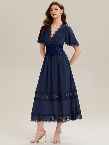 Chiffon Cut-Out Detail Ruffle Sleeve Wedding Guest Dress