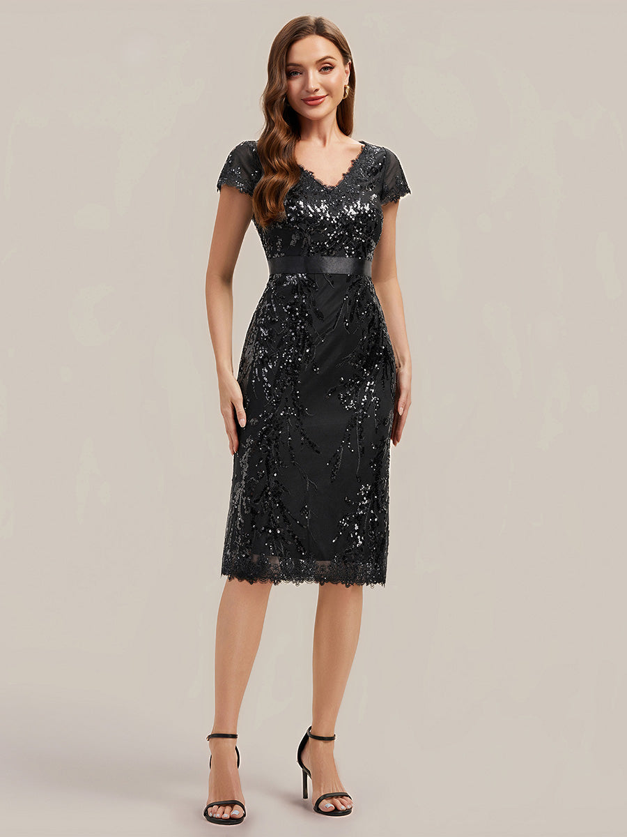 Sequin Bodycon Midi Cap Sleeve Wedding Guest Dress — Black