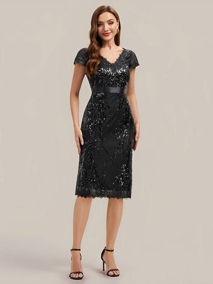 Sequin Bodycon Midi Cap Sleeve Wedding Guest Dress — Black