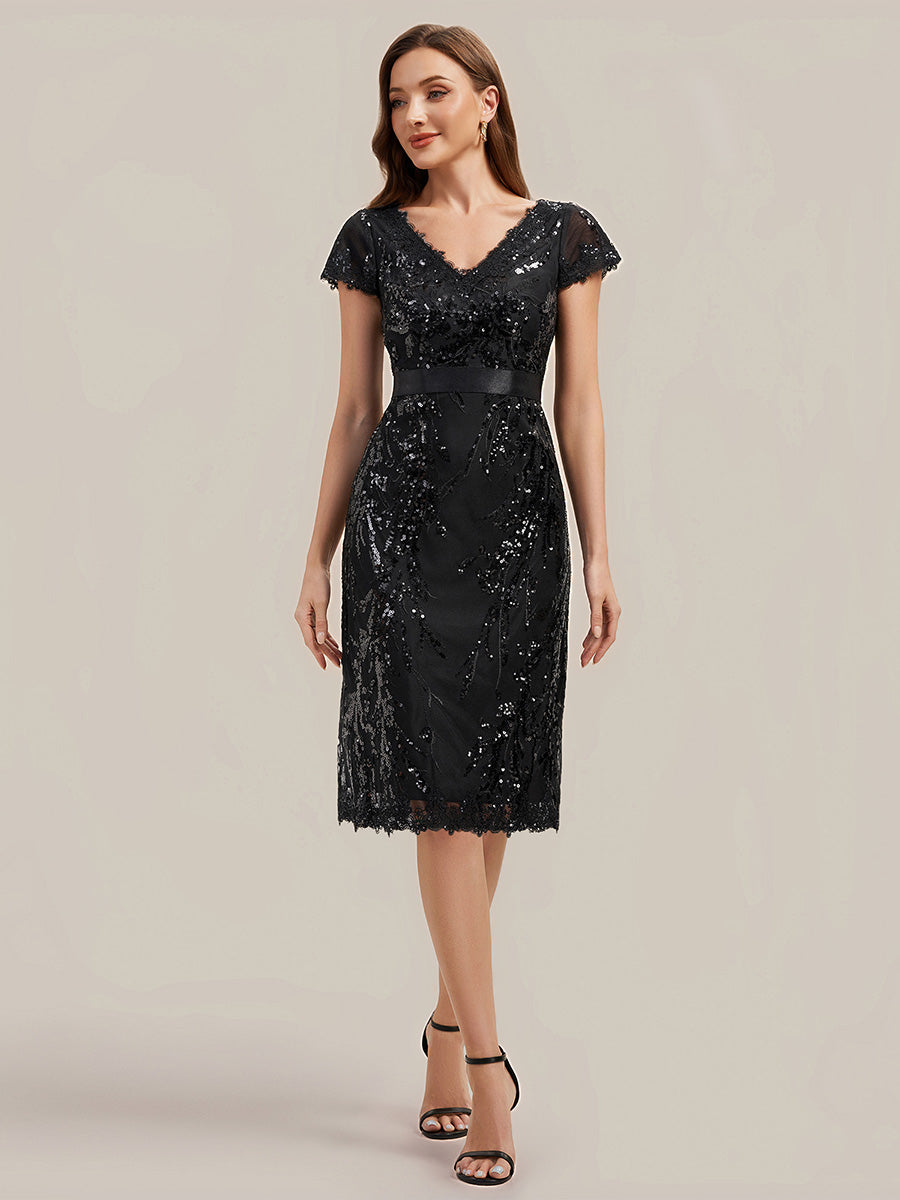 Sequin Bodycon Midi Cap Sleeve Wedding Guest Dress