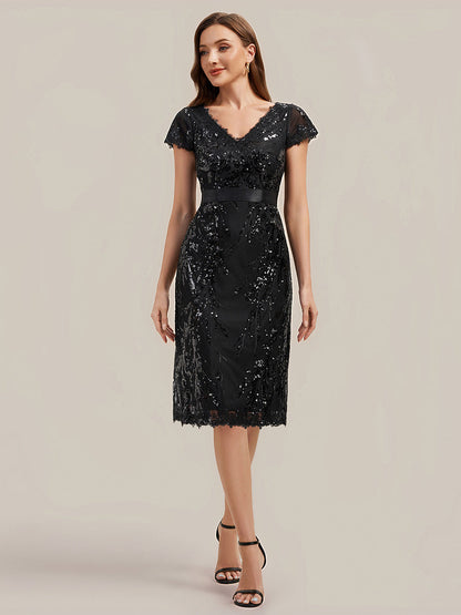 Sequin Bodycon Midi Cap Sleeve Wedding Guest Dress