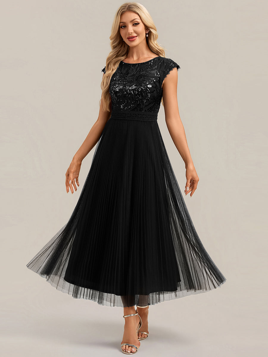 See-through Glitter Cap Sleeve A-Line Wedding Guest Dress — Black