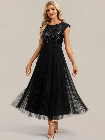 See-through Glitter Cap Sleeve A-Line Wedding Guest Dress — Black
