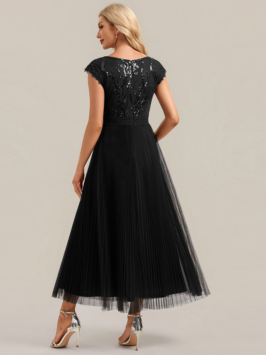 See-through Glitter Cap Sleeve A-Line Wedding Guest Dress