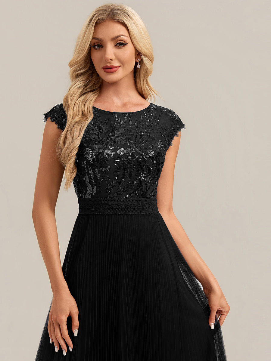 See-through Glitter Cap Sleeve A-Line Wedding Guest Dress