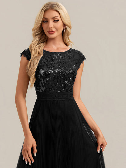 See-through Glitter Cap Sleeve A-Line Wedding Guest Dress