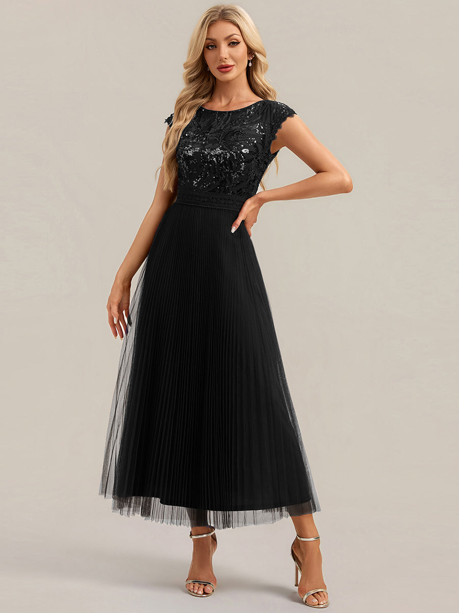 See-through Glitter Cap Sleeve A-Line Wedding Guest Dress