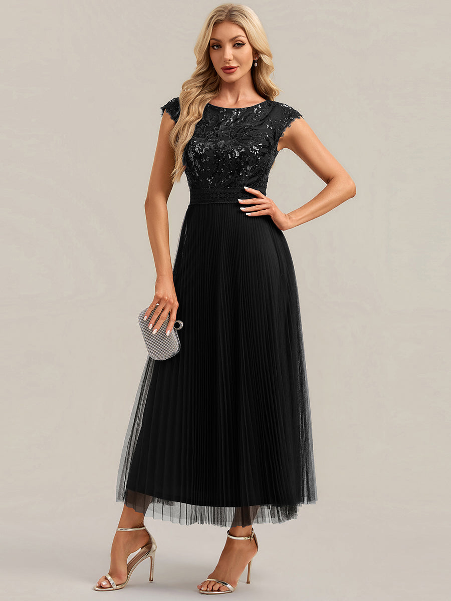 See-through Glitter Cap Sleeve A-Line Wedding Guest Dress