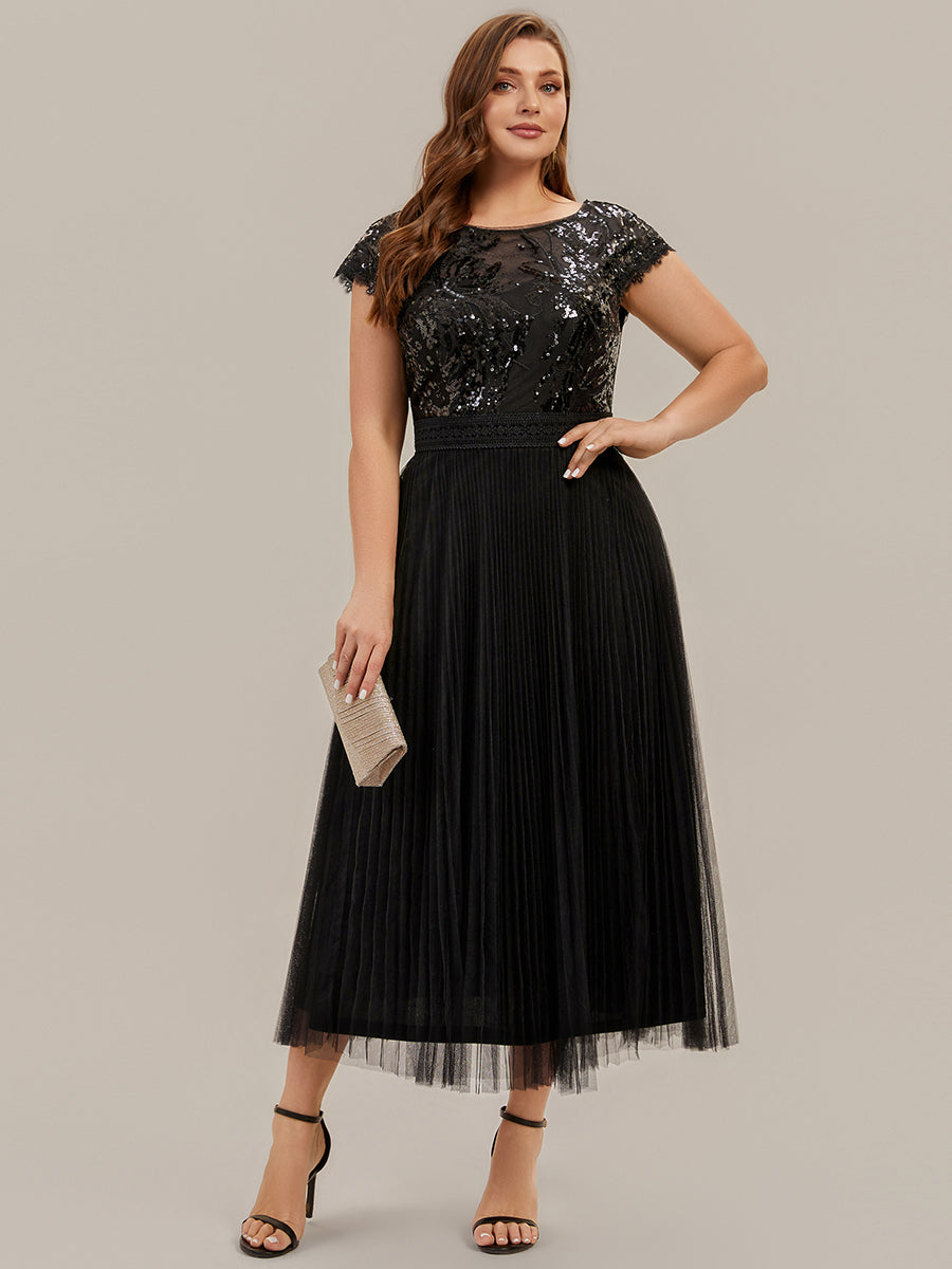 See-through Glitter Cap Sleeve A-Line Wedding Guest Dress