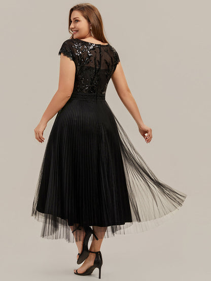 See-through Glitter Cap Sleeve A-Line Wedding Guest Dress