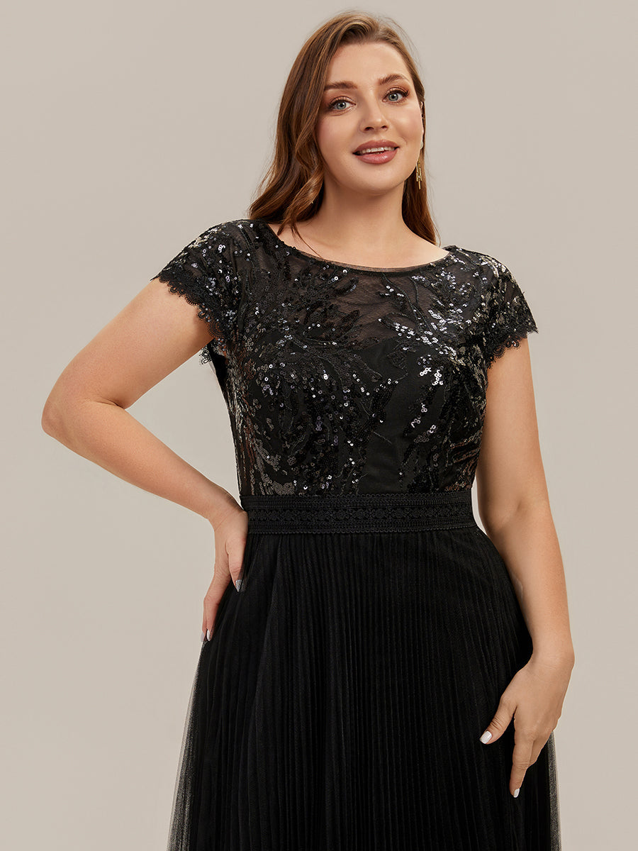 See-through Glitter Cap Sleeve A-Line Wedding Guest Dress