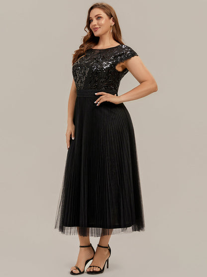 See-through Glitter Cap Sleeve A-Line Wedding Guest Dress