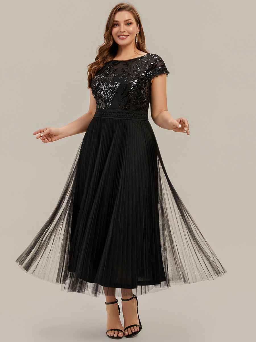 See-through Glitter Cap Sleeve A-Line Wedding Guest Dress