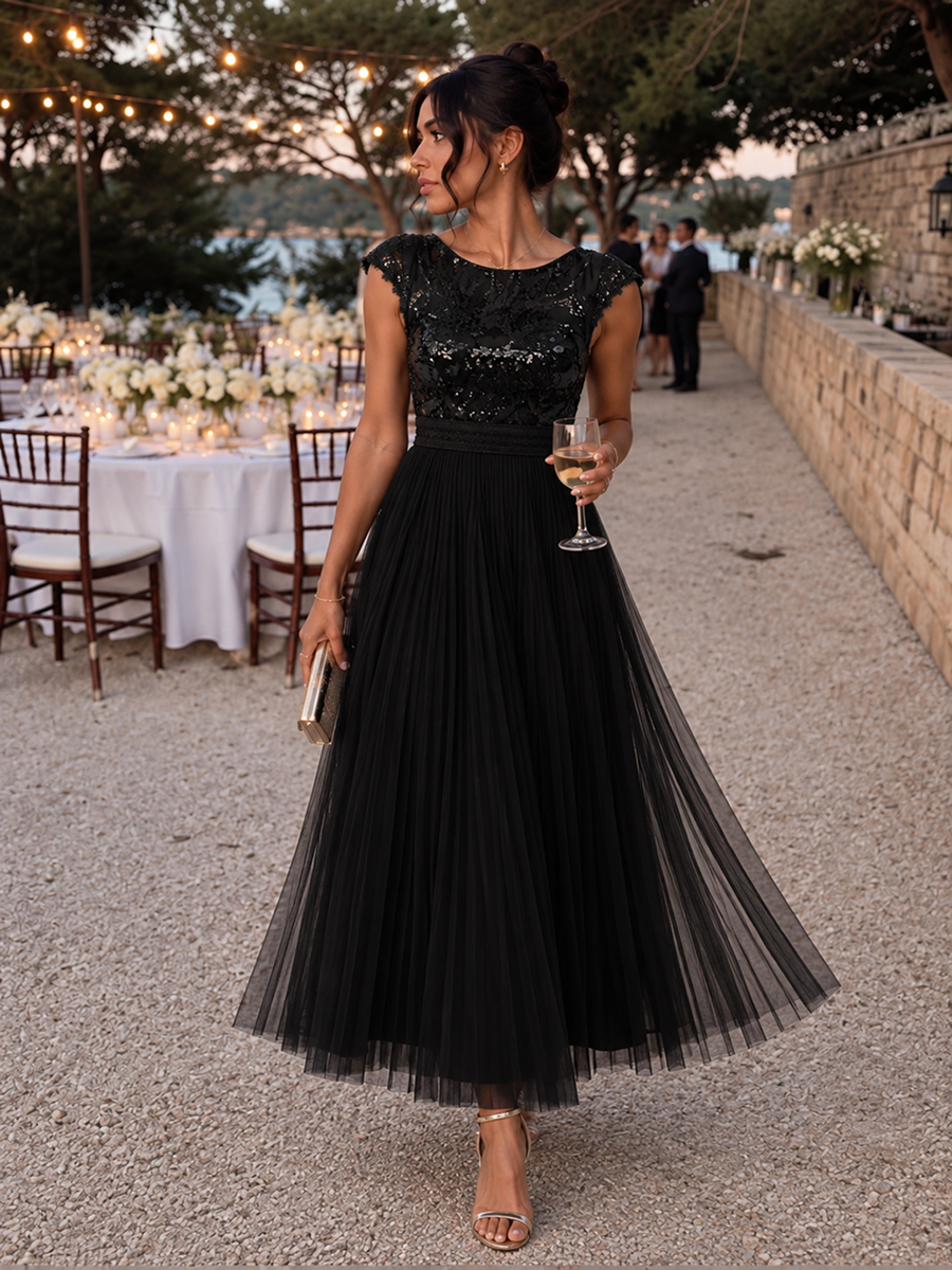 See-through Glitter Cap Sleeve A-Line Wedding Guest Dress