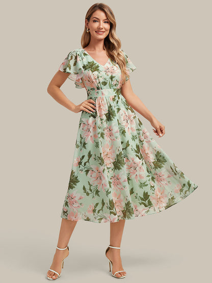 Chiffon Ruffle Sleeve A-Line Wedding Guest Dress — Light Green Floral