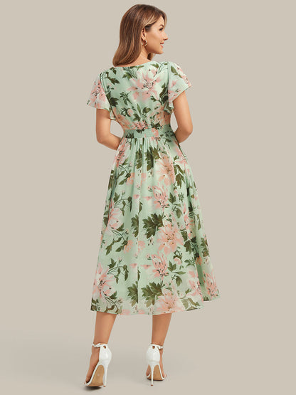 Chiffon Ruffle Sleeve A-Line Wedding Guest Dress