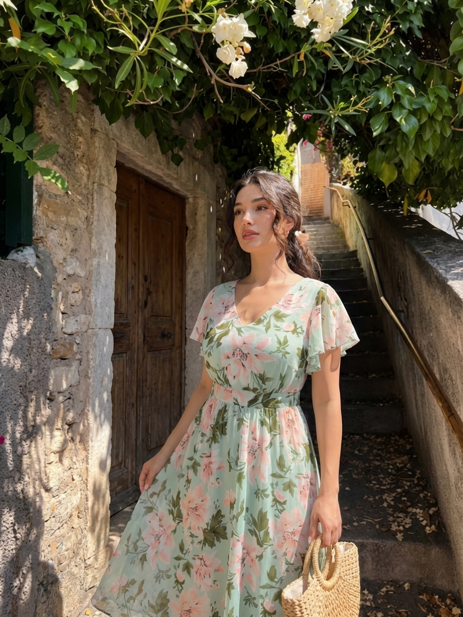 Chiffon Ruffle Sleeve A-Line Wedding Guest Dress