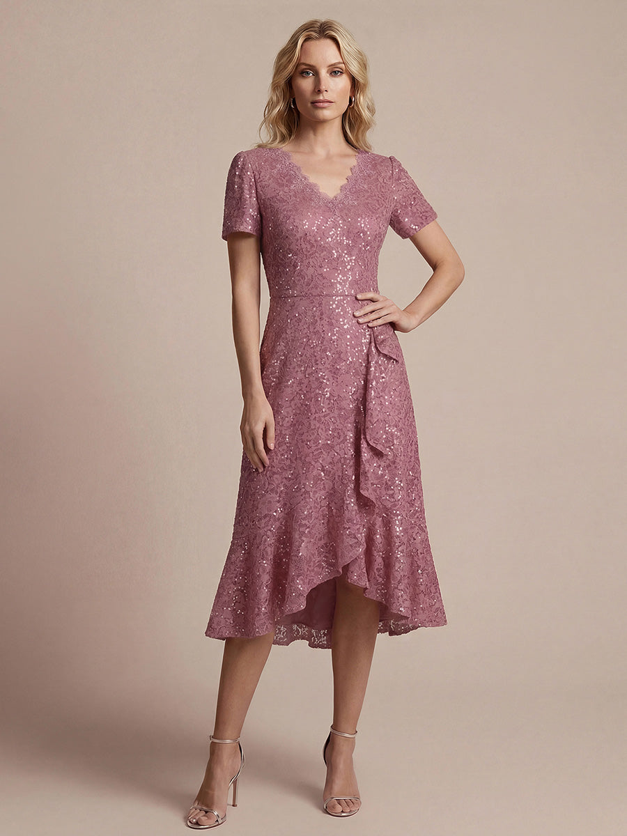 Sequin Lace High Low Wedding Guest Dress — Purple Orchid