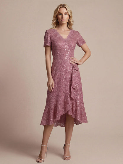 Sequin Lace High Low Wedding Guest Dress — Purple Orchid