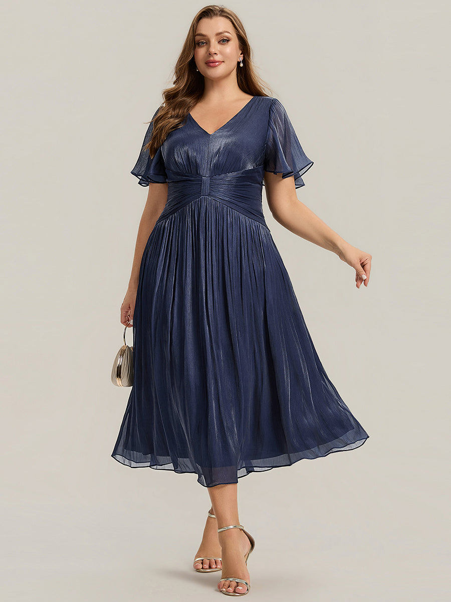 Plus Size Gathered Sea-island Wedding Guest Dress — Navy Blue