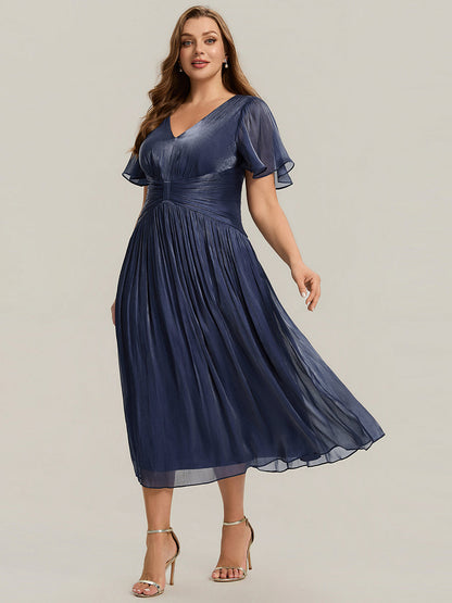 Plus Size Gathered Sea-island Wedding Guest Dress