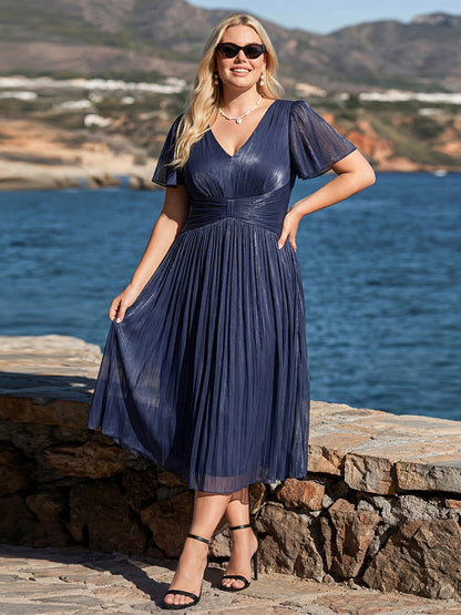 Plus Size Gathered Sea-island Wedding Guest Dress