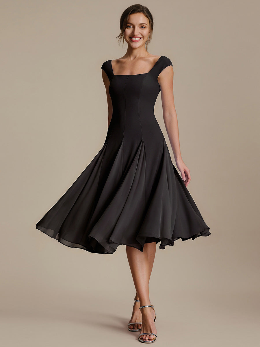 A-Line Midi Cap Sleeve Wedding Guest Dress — Black