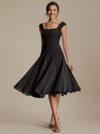 A-Line Midi Cap Sleeve Wedding Guest Dress — Black