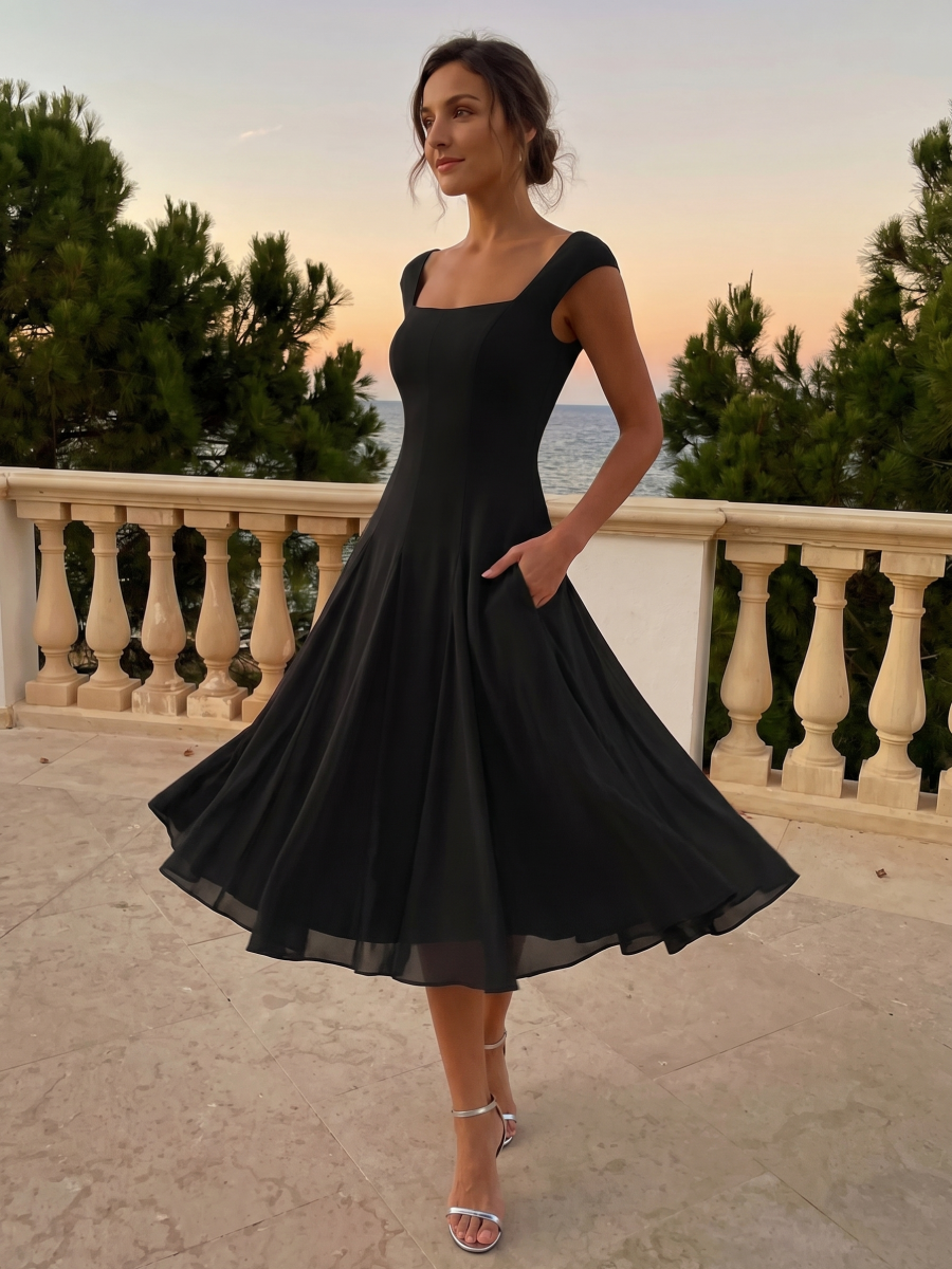 A-Line Midi Cap Sleeve Wedding Guest Dress