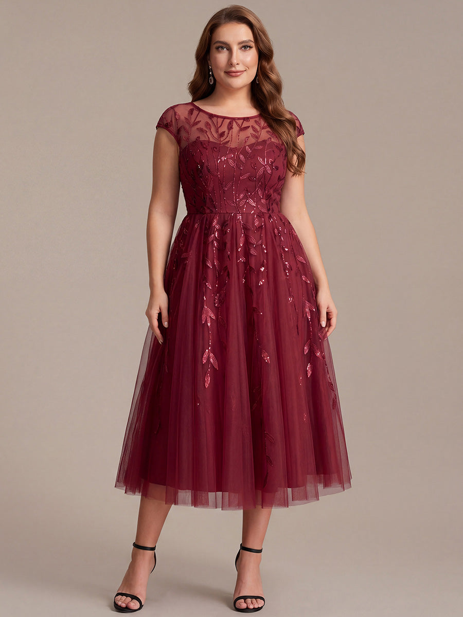 Plus Size Sequin See-through Wedding Guest Dress — Burgundy