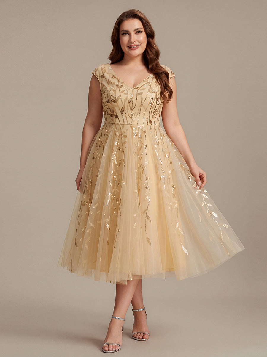 Plus Size Sequin V-Neck Wedding Guest Dress — Gold