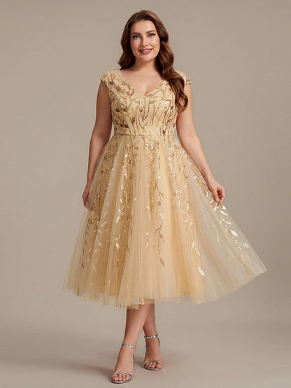 Plus Size Sequin V-Neck Wedding Guest Dress — Gold